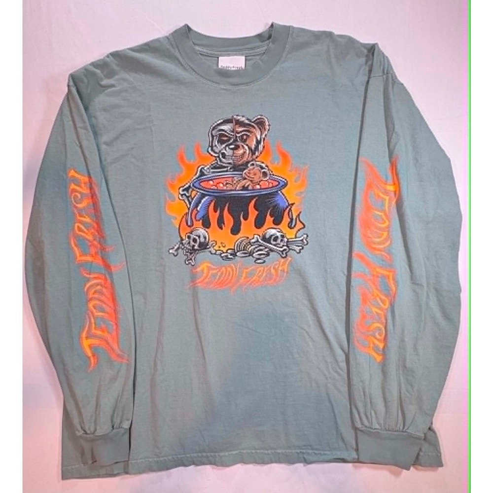 Teddy Fresh Skeleton Bear Cauldron Flames Long Sleeve Shirt Green Graphic XL